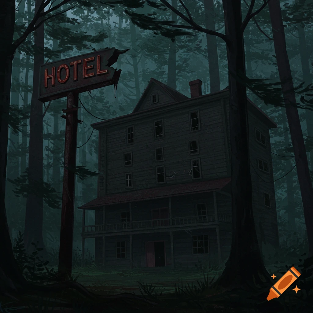 Illustration of a creepy, dilapidated hotel with a broken neon sign in a dark forest.