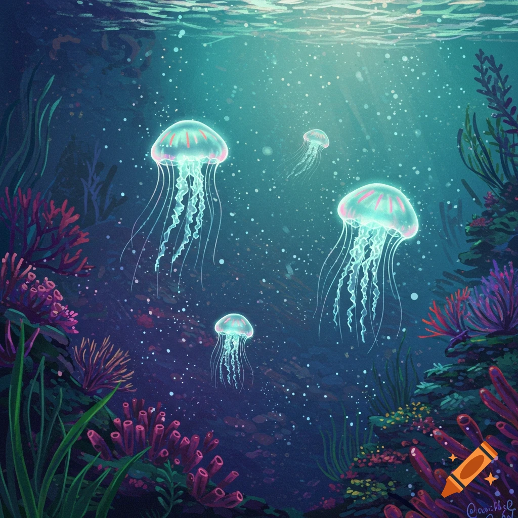 Whimsical illustration of bioluminescent jellyfish floating in a deep blue ocean among coral and plants.