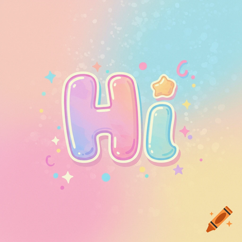 The word 'Hi' in colorful bubble letters on a pastel background with stars and dots.