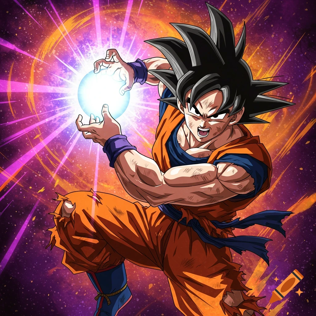 Goku charging a bright blue energy ball in an anime style