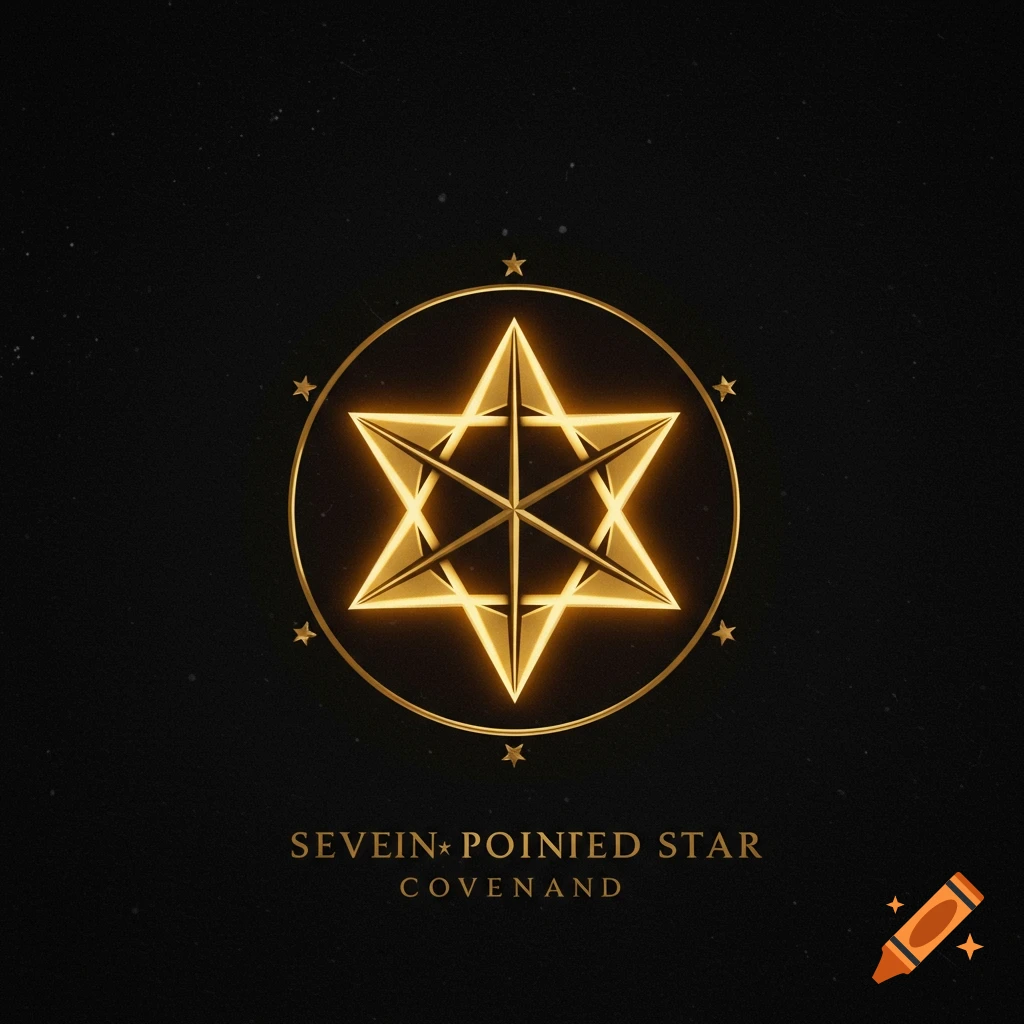 Golden seven-pointed star symbol logo in a ring on a black background with text.