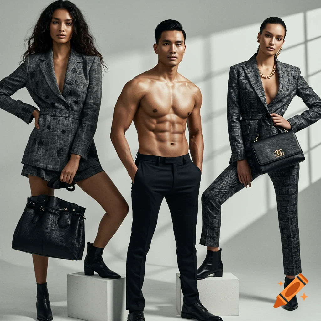 Studio photo of three models, two women in suits with handbags and a shirtless man.