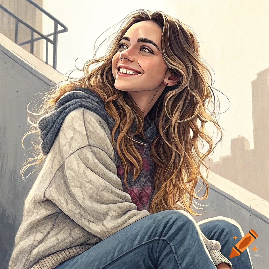 Illustration of a young woman with long wavy hair smiling, sitting outside with the sun behind her.