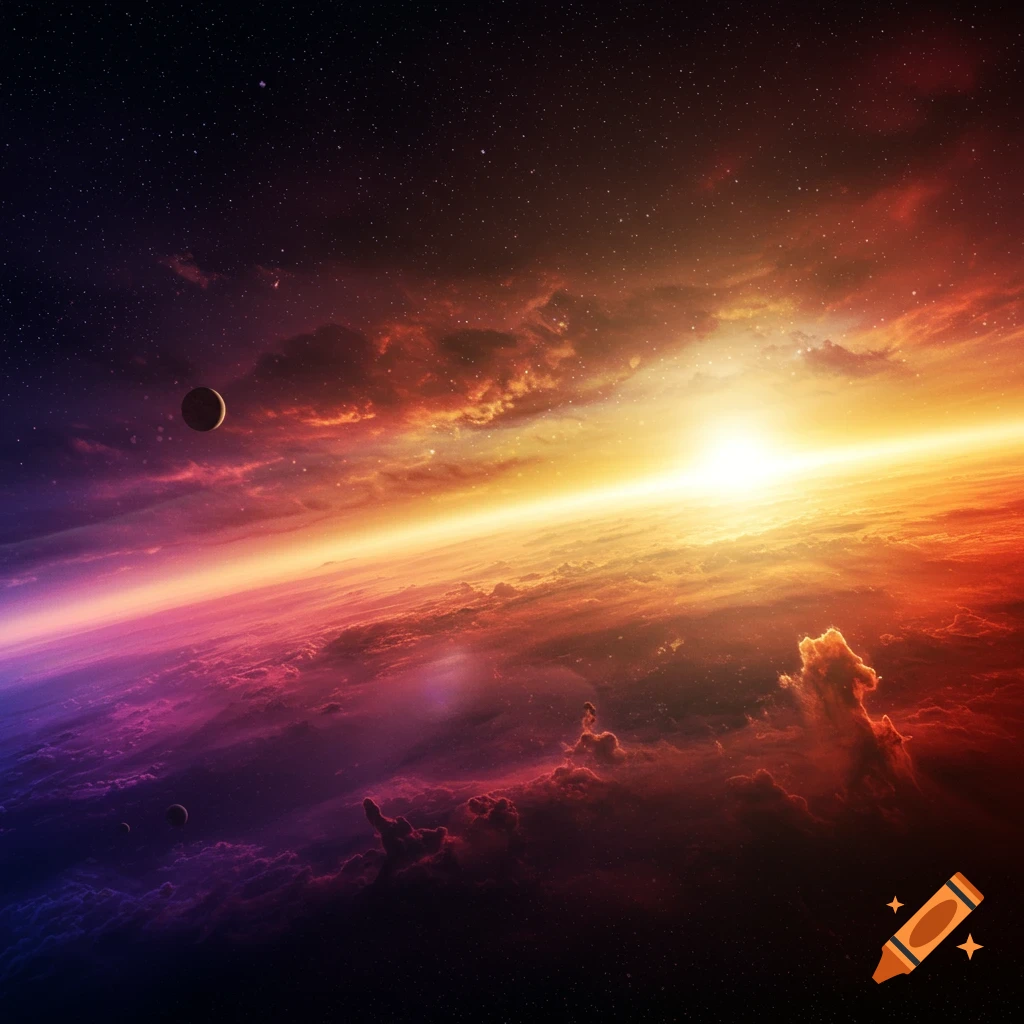 View from space of a planet's colorful horizon with a bright sun and moons.