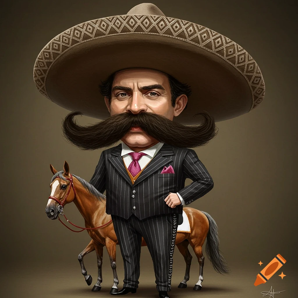 Caricature of a man with a giant mustache and sombrero in a pinstripe suit standing next to a horse.