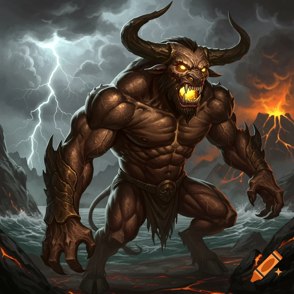 A muscular minotaur-like fantasy monster on a rocky shore under a stormy sky with lightning and erupting volcanoes.