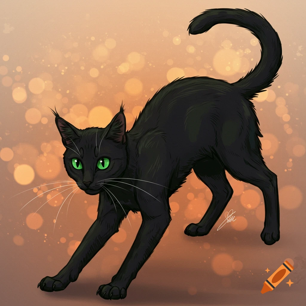 A black cat with green eyes stretches against a background of bokeh lights.