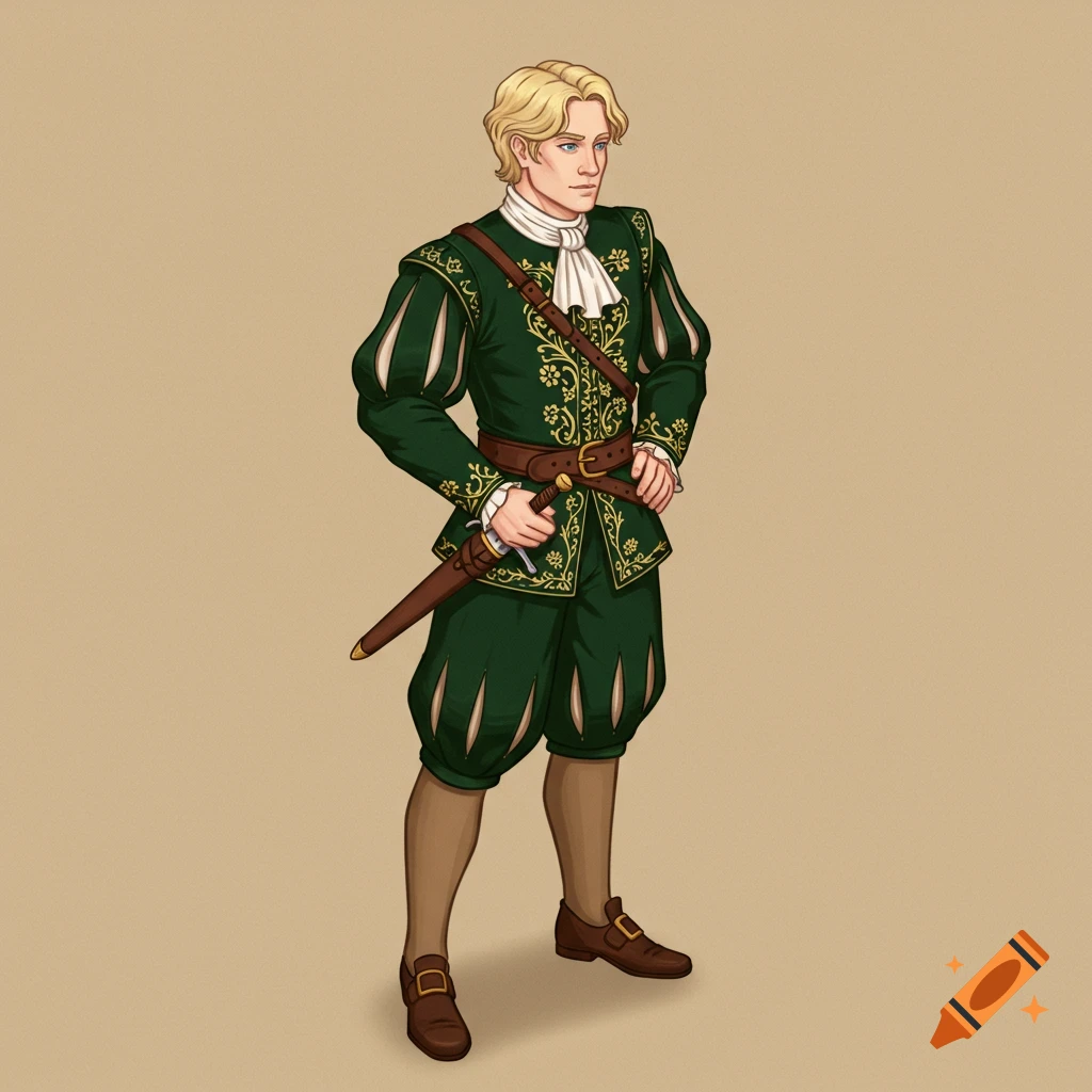Illustration of a blonde man in green fantasy noble attire standing