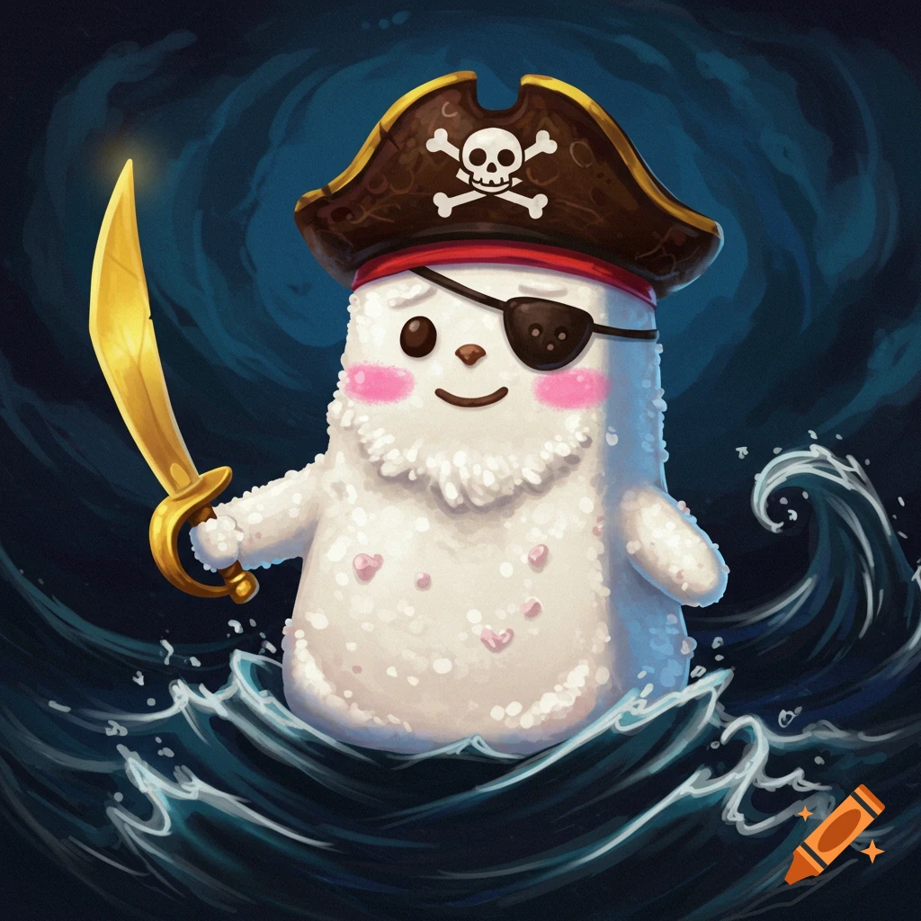 Cute white marshmallow character dressed as a pirate, with eyepatch and sword, floats on blue waves.