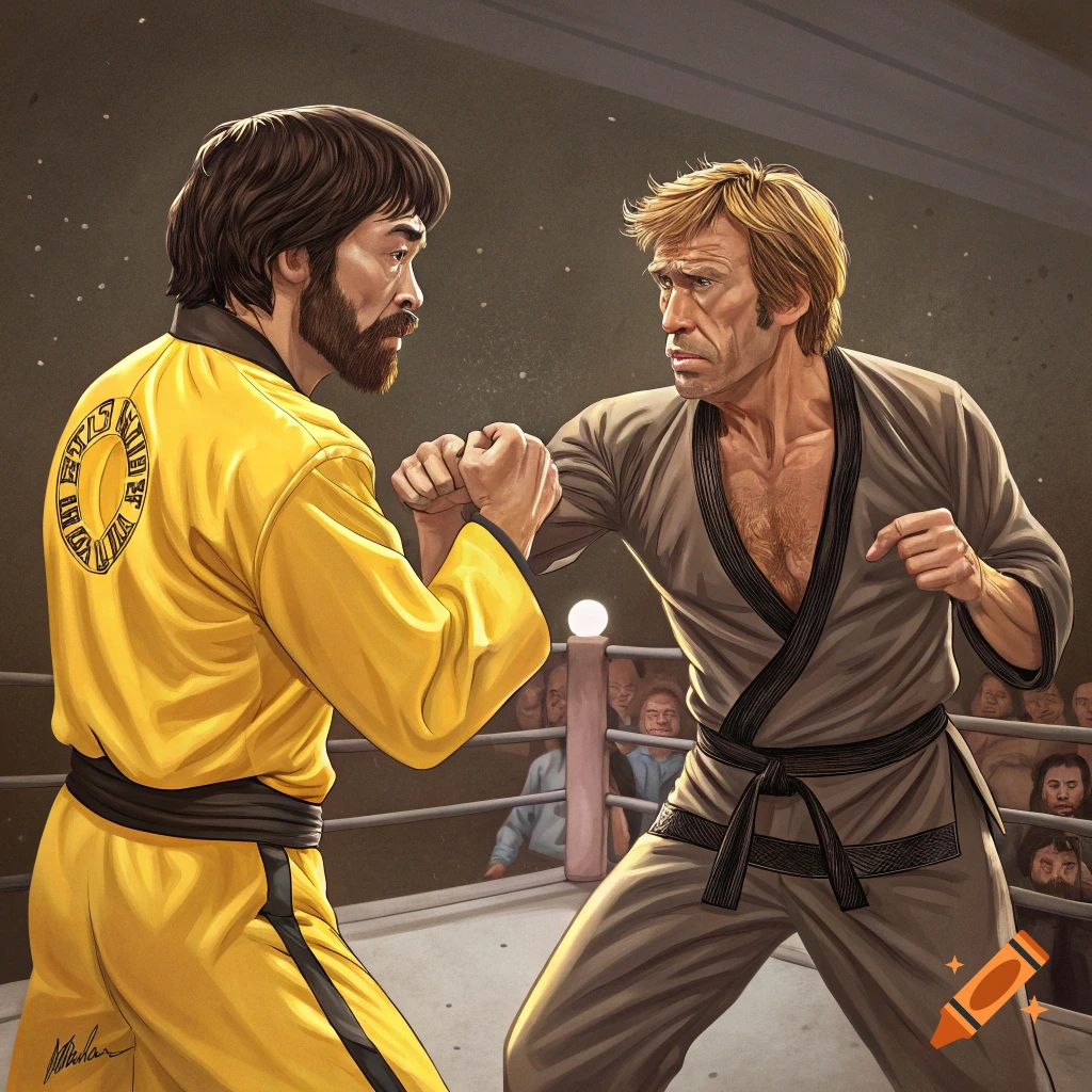 Illustration of Bruce Lee and Chuck Norris sparring in a boxing ring