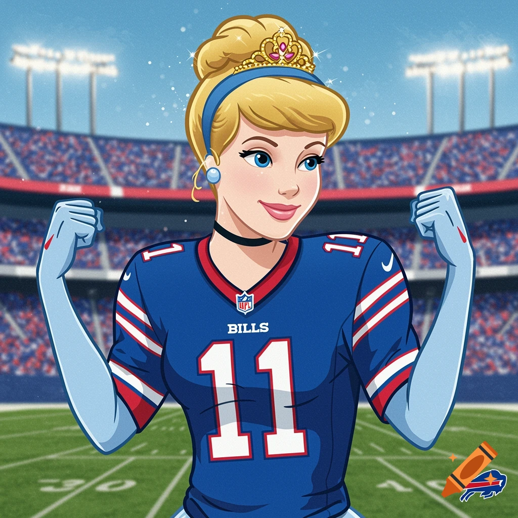 Illustration of a Disney princess in a Buffalo Bills jersey posing in a stadium
