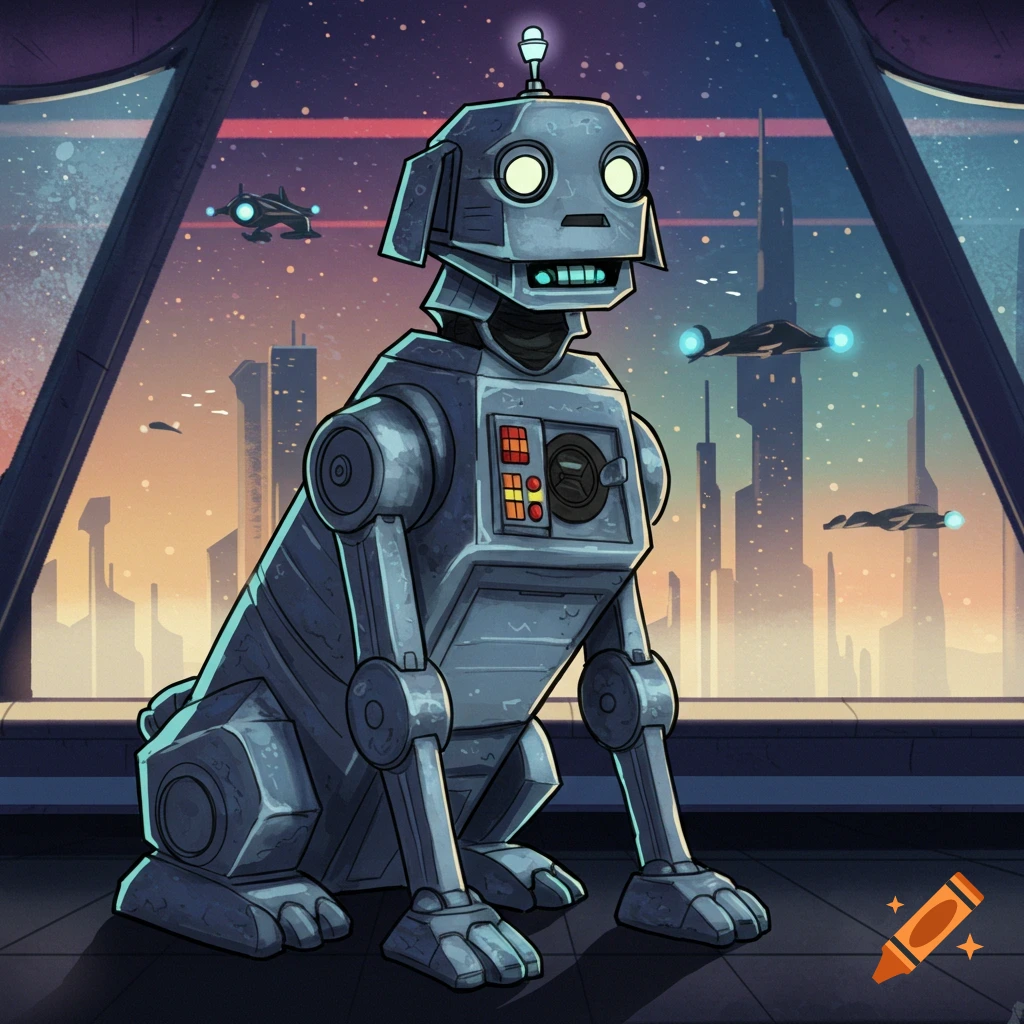 A robot dog sits looking out a window at a futuristic cityscape with flying vehicles, in a cartoon style.