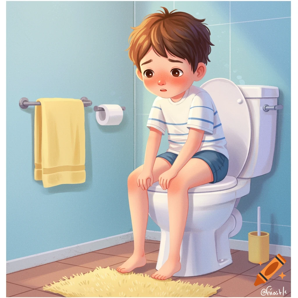 Illustration of a boy sitting on a toilet in a bathroom.
