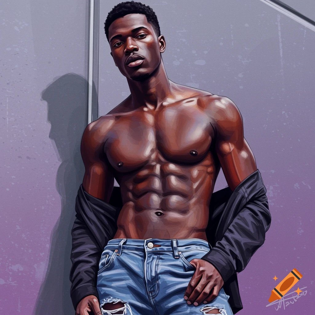 Digital art of a muscular Black man in ripped jeans and open jacket, leaning against a wall.
