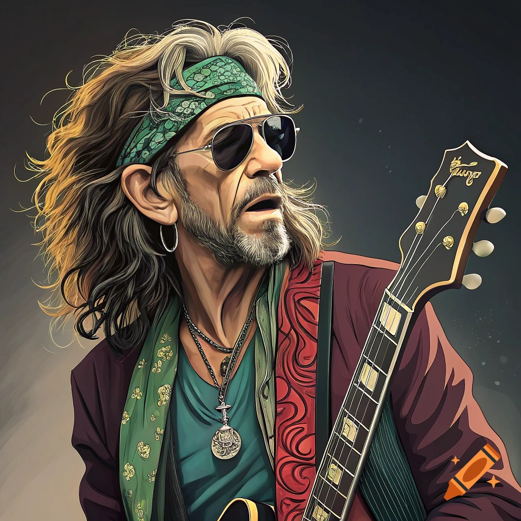 Stylized illustration of a man resembling Keith Richards playing guitar, wearing a bandana and sunglasses.