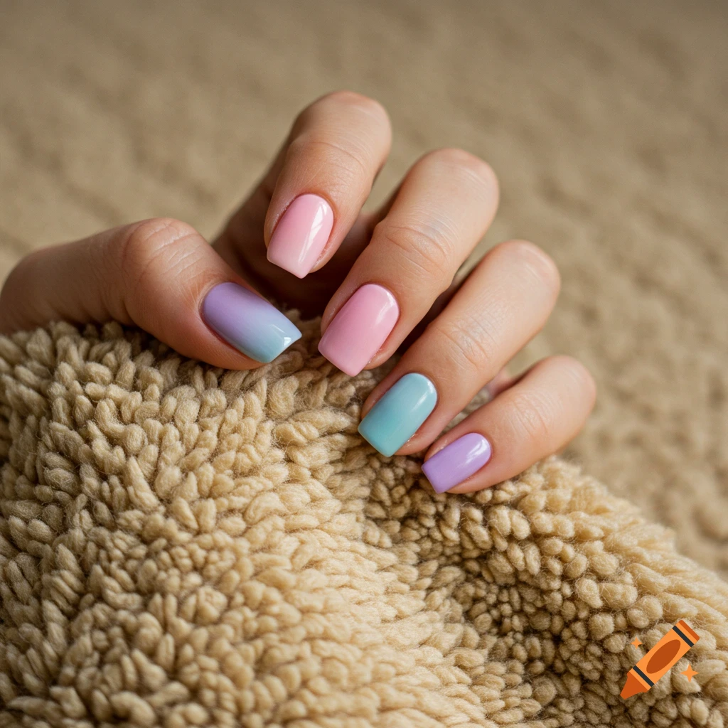 A hand shows nails painted in pastel pink, purple, blue, and turquoise, resting on a beige fluffy surface.