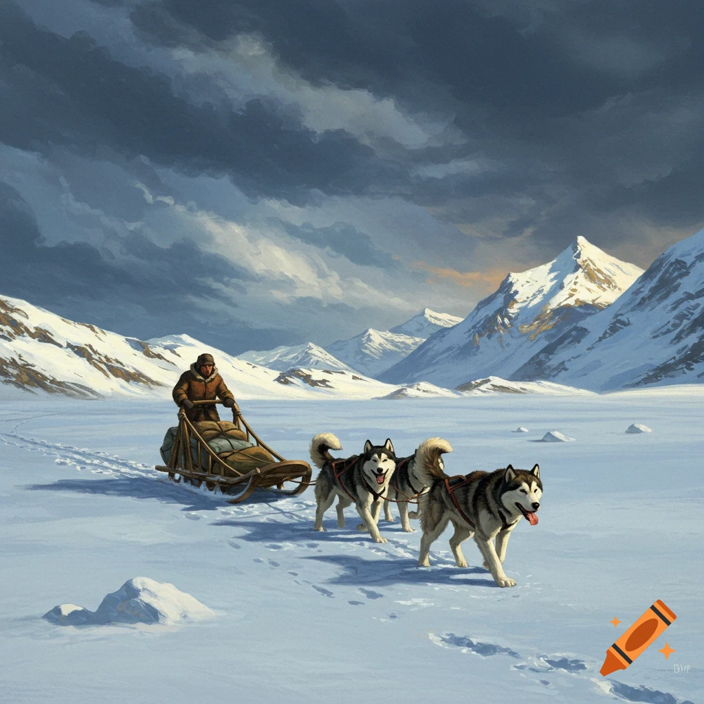 Person on dog sled pulled by huskies across snowy plain with mountains, painterly style