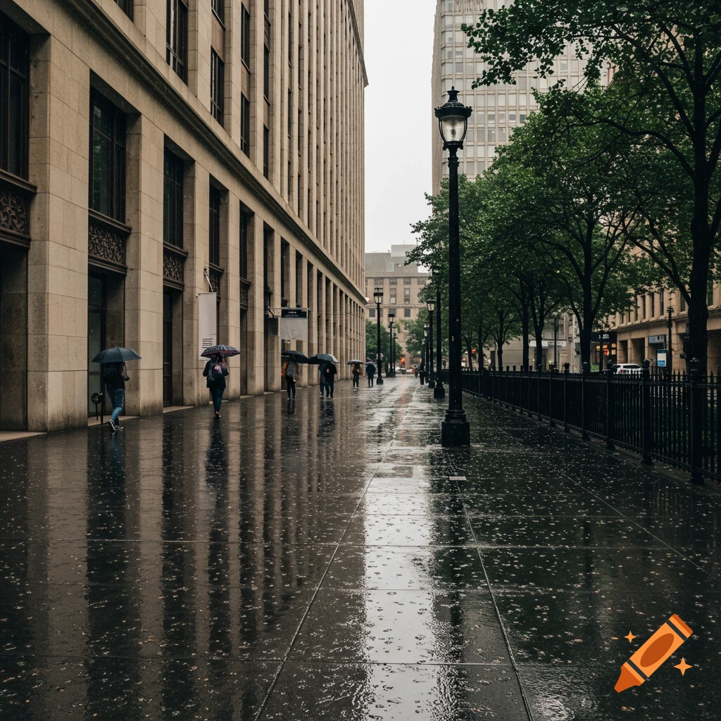 People with umbrellas walk on a wet city sidewalk next to tall buildings on a rainy day.