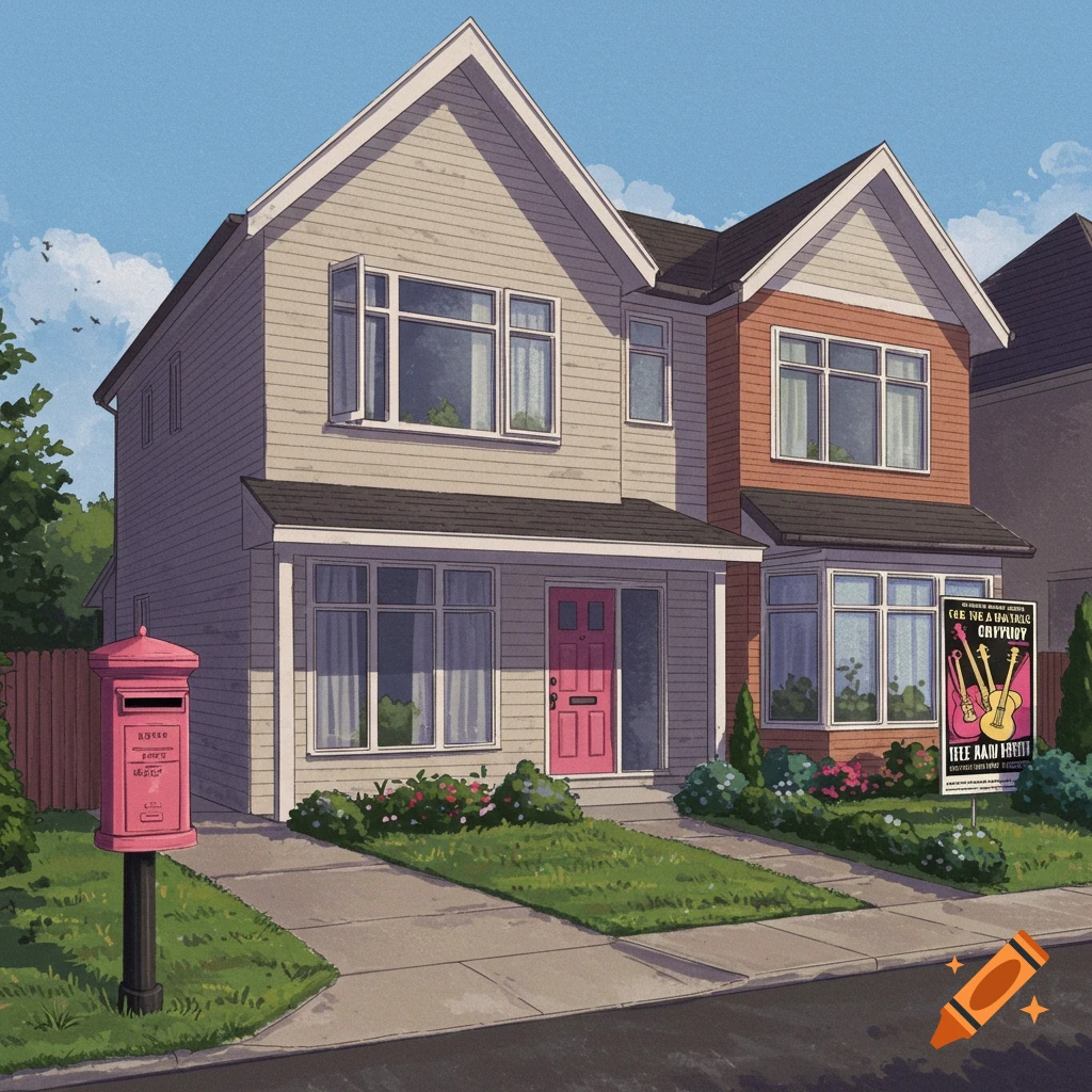 A stylized illustration of a suburban house with a pink mailbox, garden, and a poster in the front yard.