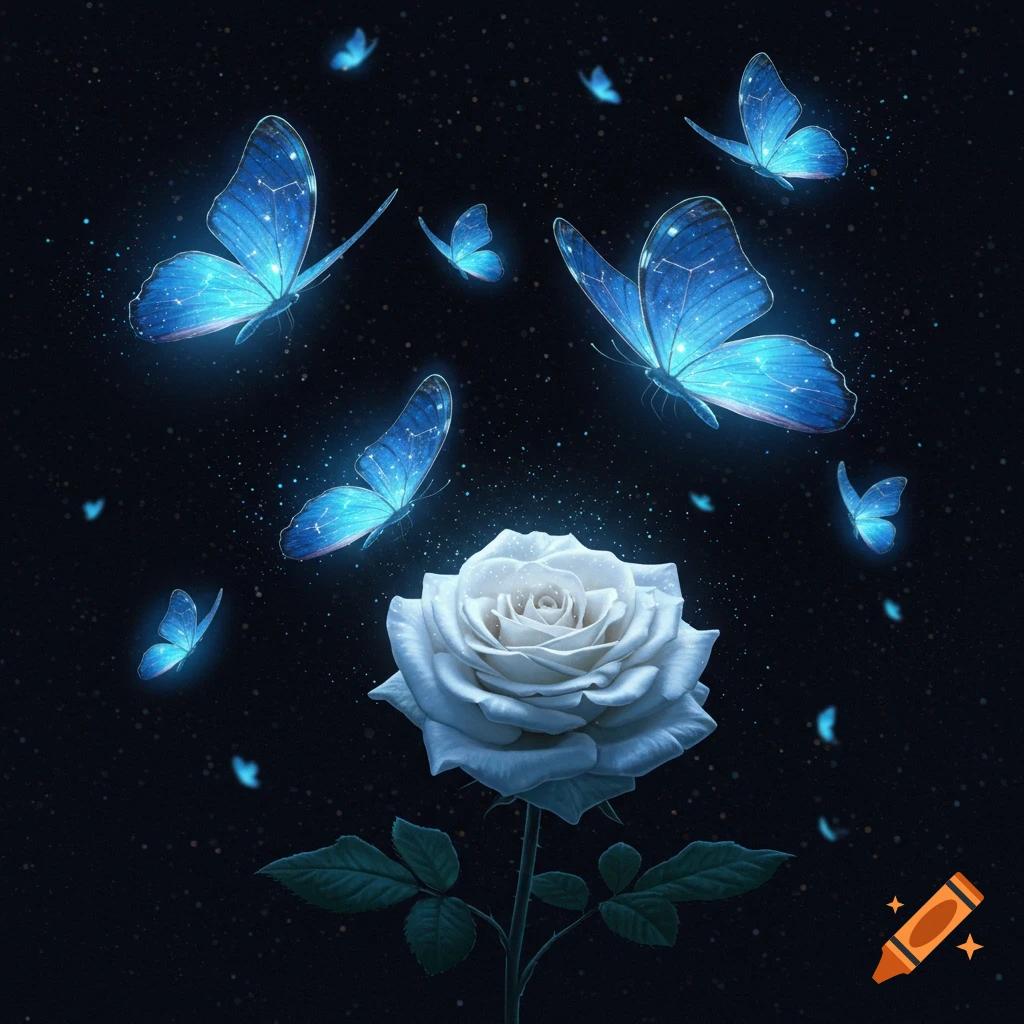 Glowing blue space butterflies swarm around a white rose against a starry dark background.