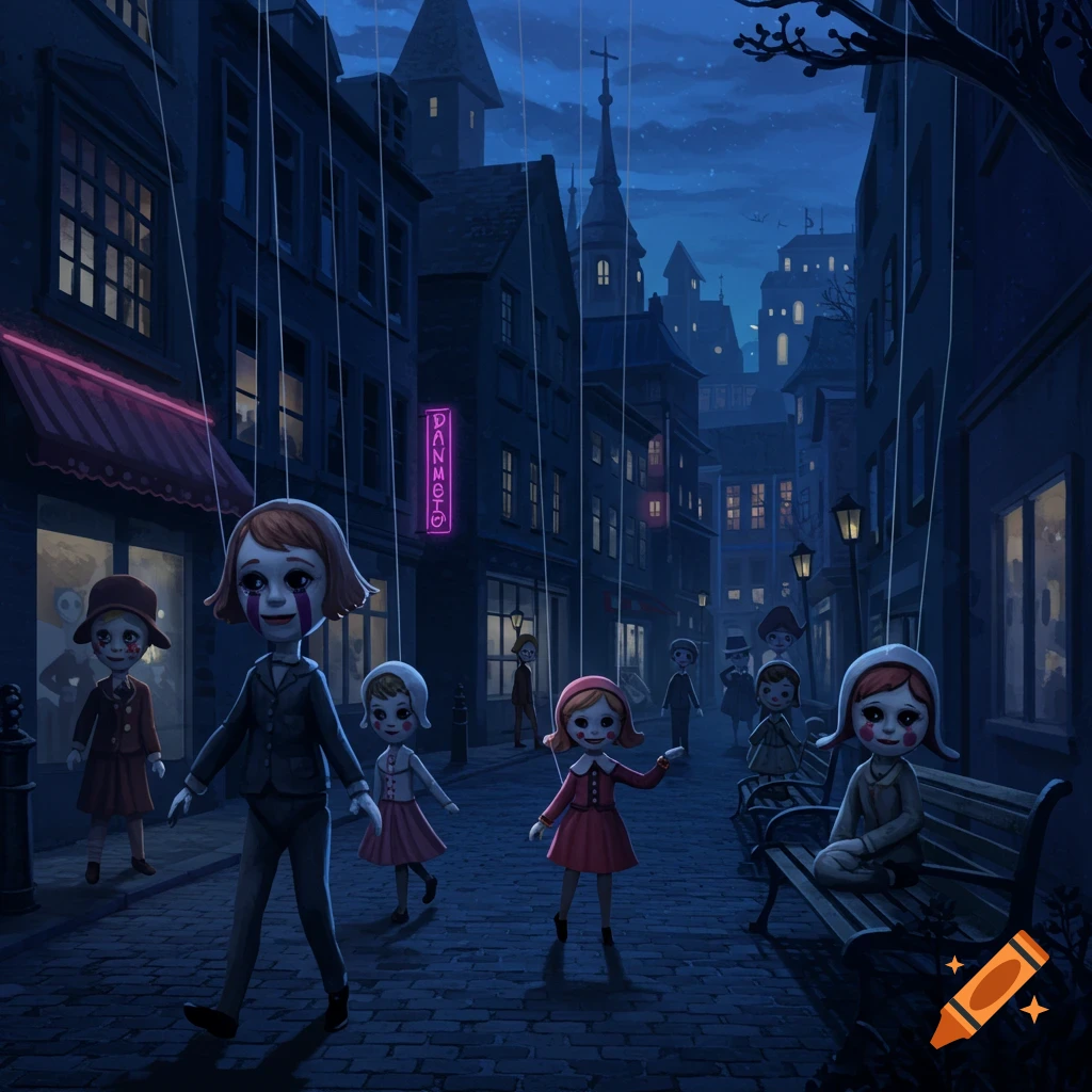 Marionette dolls walk down a dark city street at night.