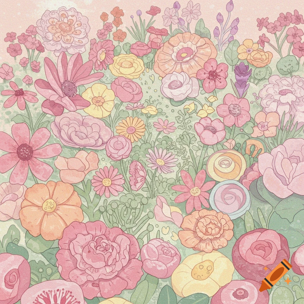 Illustration of a pastel garden filled with many different types of flowers.