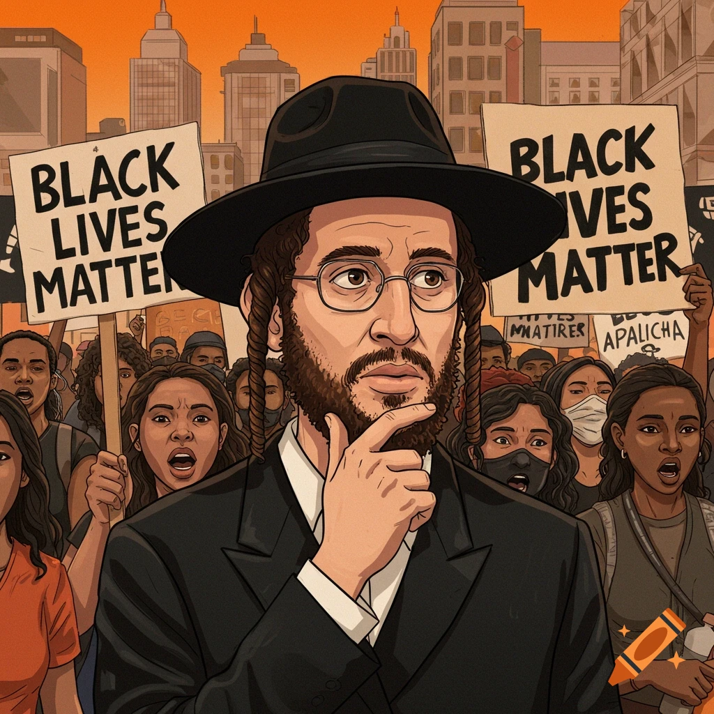 Orthodox Jewish man looking contemplative amidst a diverse crowd holding 'Black Lives Matter' signs at a rally. Illustration style.