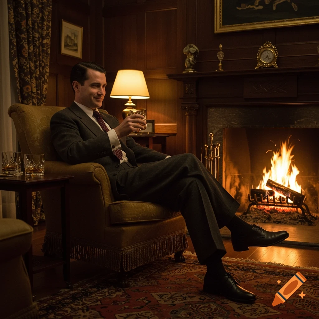 A man in a suit sits in an armchair by a fireplace, holding a glass of whiskey.