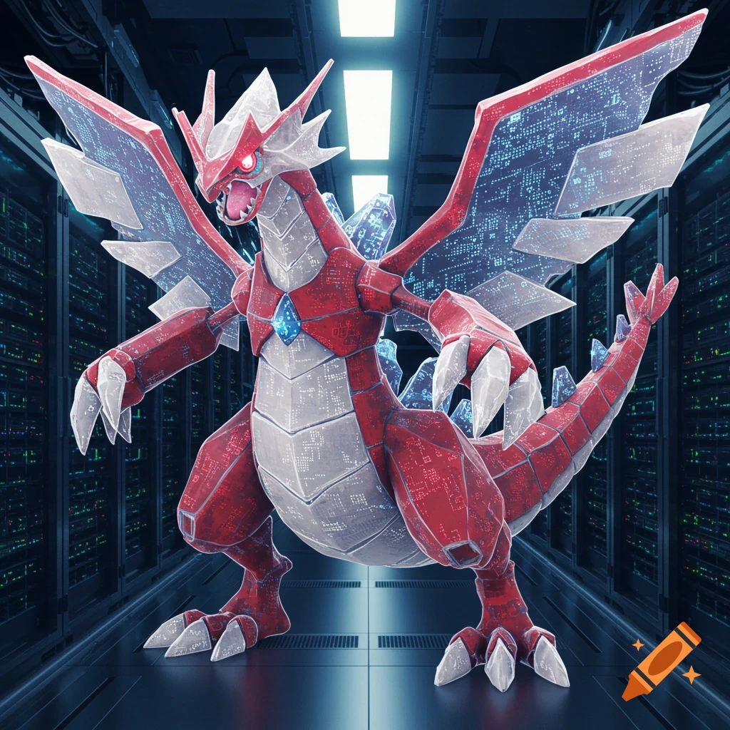 A red and white dragon with crystalline wings stands in a server room.