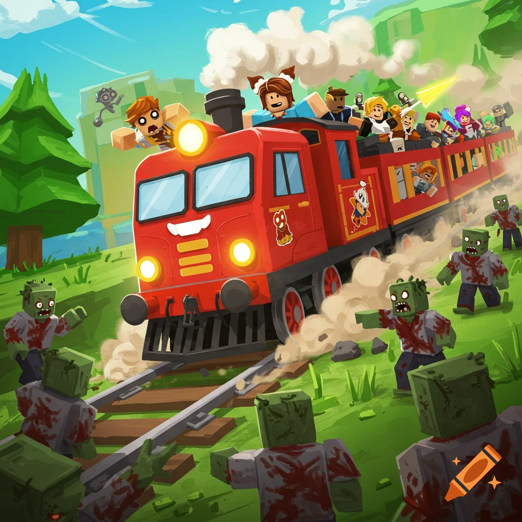 Cartoon train with blocky characters rides over zombies in a grassy landscape.
