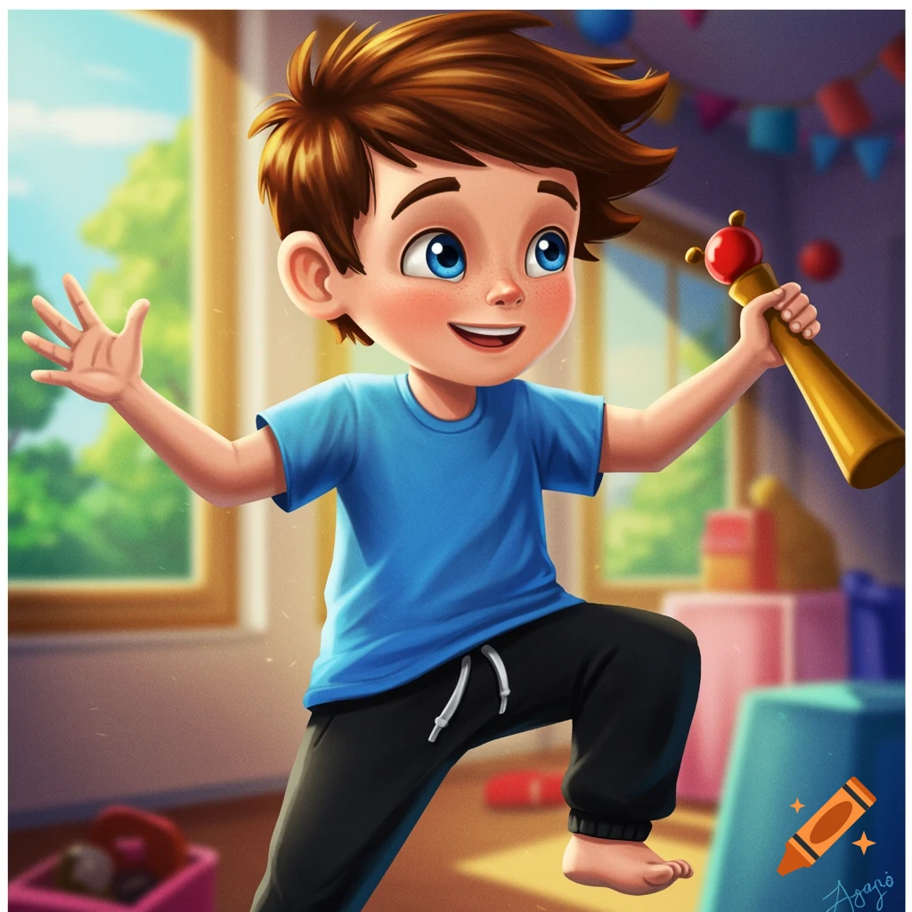 Cartoon illustration of a happy boy in a blue shirt and black sweatpants playing with a toy wand in a bright room.