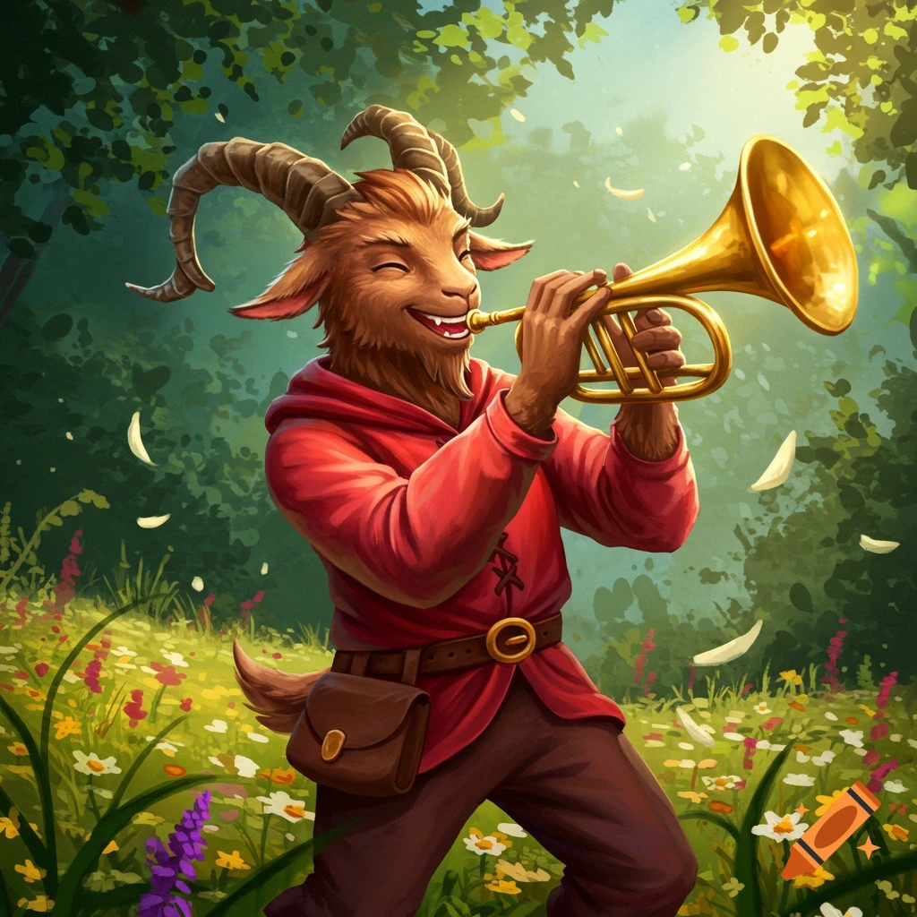 A furry fantasy creature with horns playing a trumpet in a sunlit forest meadow.