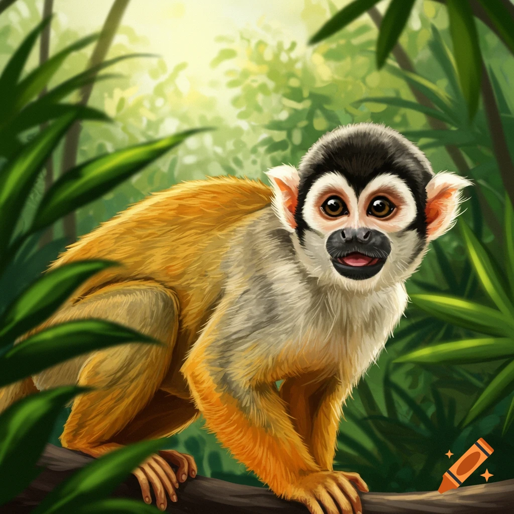 A detailed illustration of a Saimiri monkey in a jungle.
