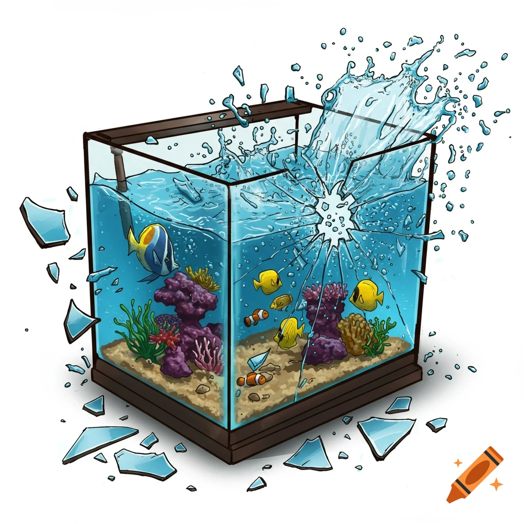 Illustration of a fish tank shattering with water splashing and fish inside