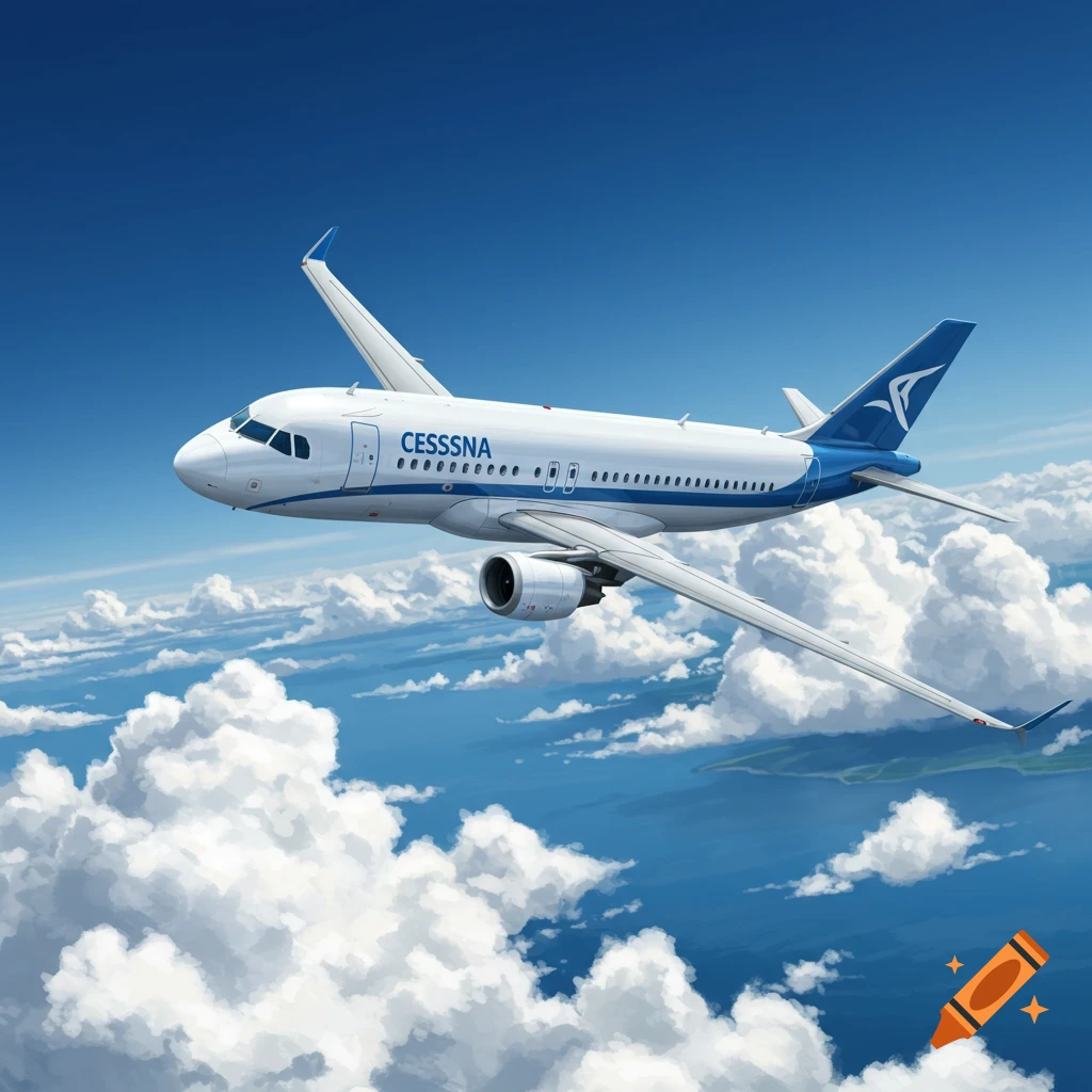 White and blue airplane flies through clouds in a blue sky.