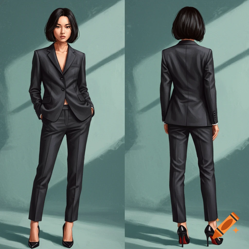 Illustration of a woman in a dark business suit and heels, shown from the front and back.