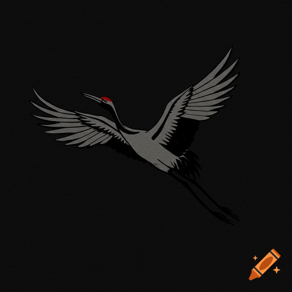 Stylized grey crane with red on head flies against a black background.
