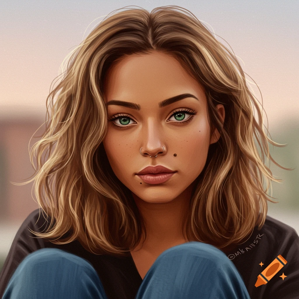 Stylized portrait of a woman with green eyes, brown wavy hair, a nose piercing, and moles.
