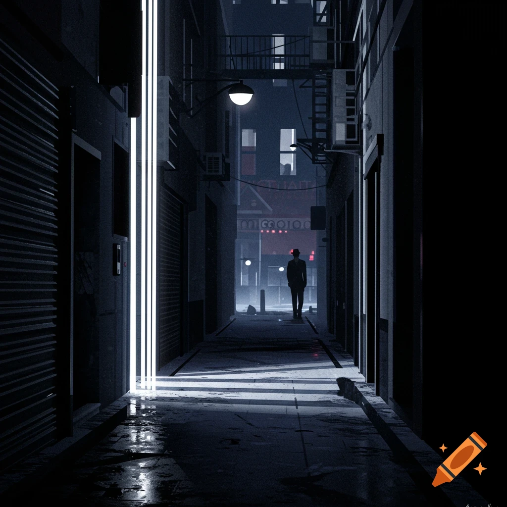 A figure stands in a dark, rainy alley illuminated by bright vertical neon lights in a noir style.
