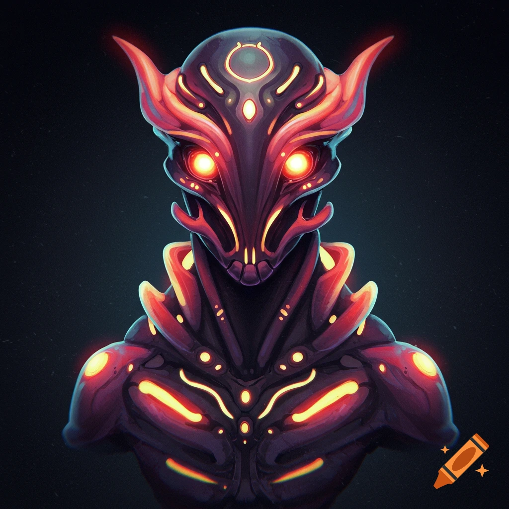Stylized fantasy sci-fi monster bust with glowing red and orange lights
