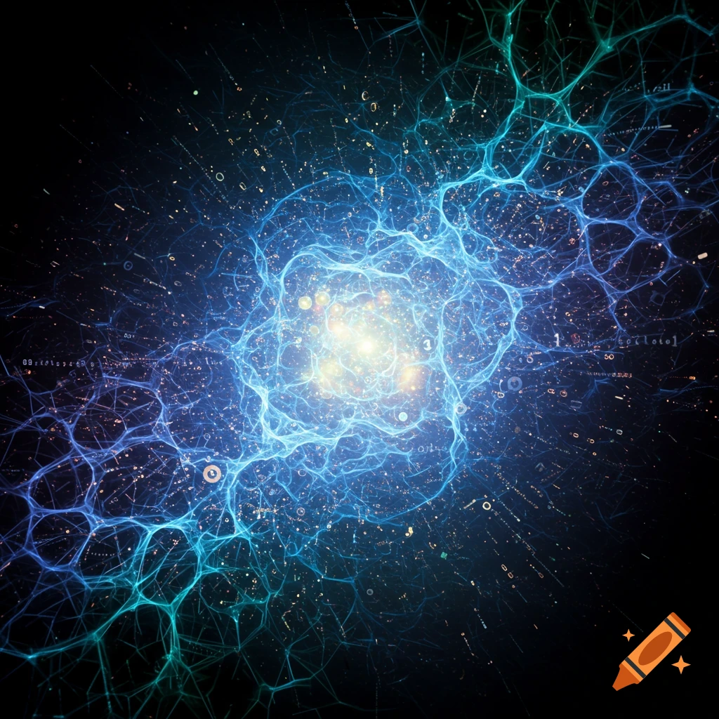 An abstract image of a glowing blue and green network structure with scattered numbers and symbols on a dark background.