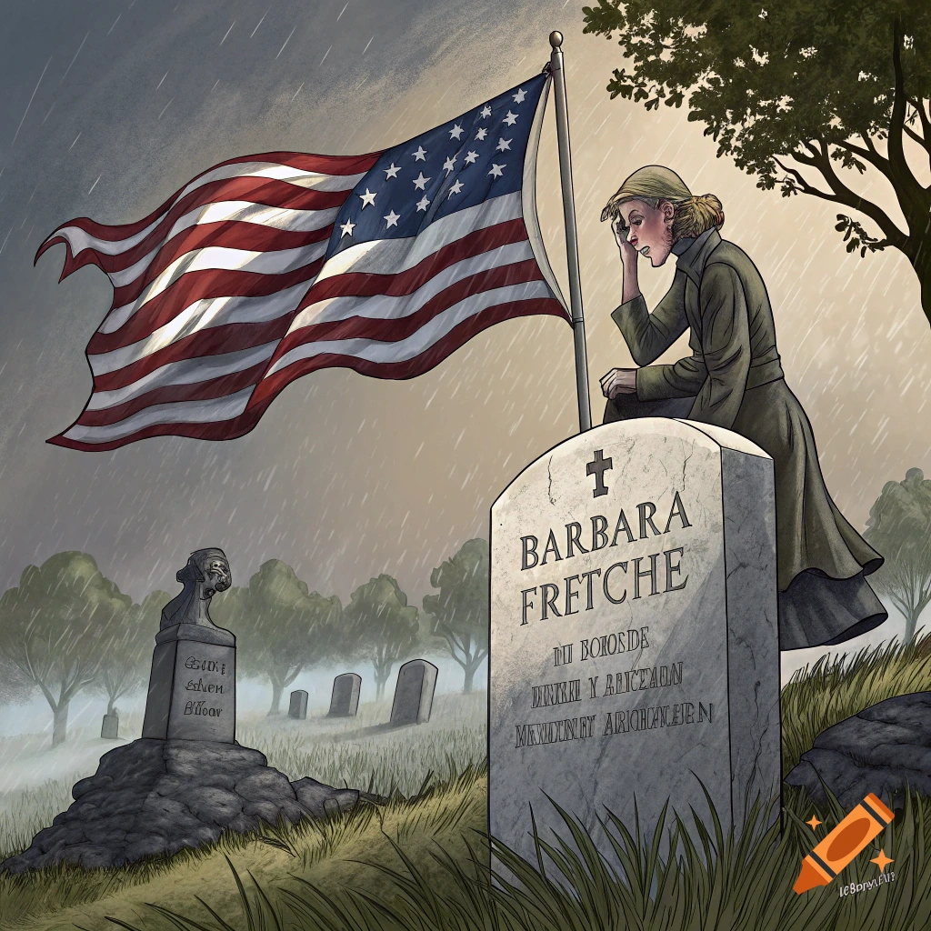 Illustration of a woman kneeling by a gravestone with an American flag waving in the rain in a cemetery.