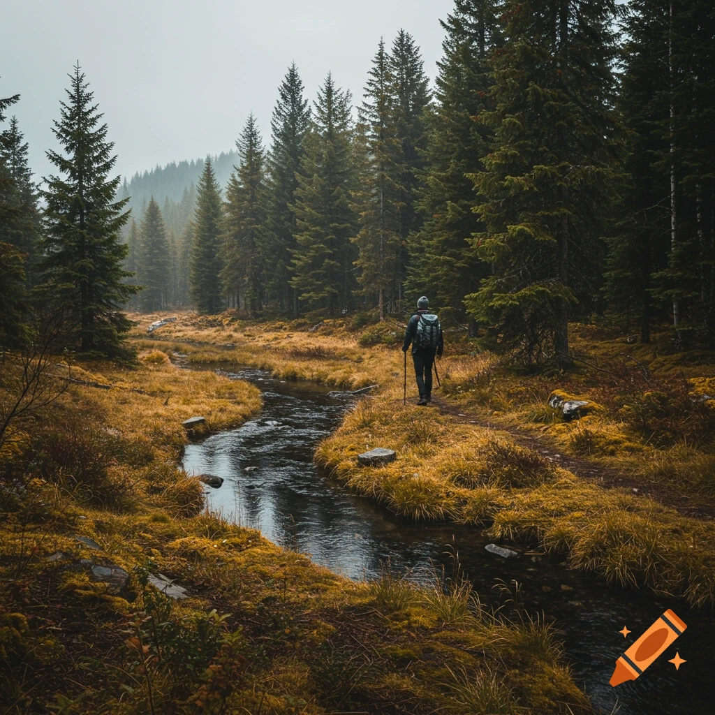 A hiker walks along a path beside a stream in a misty forest.