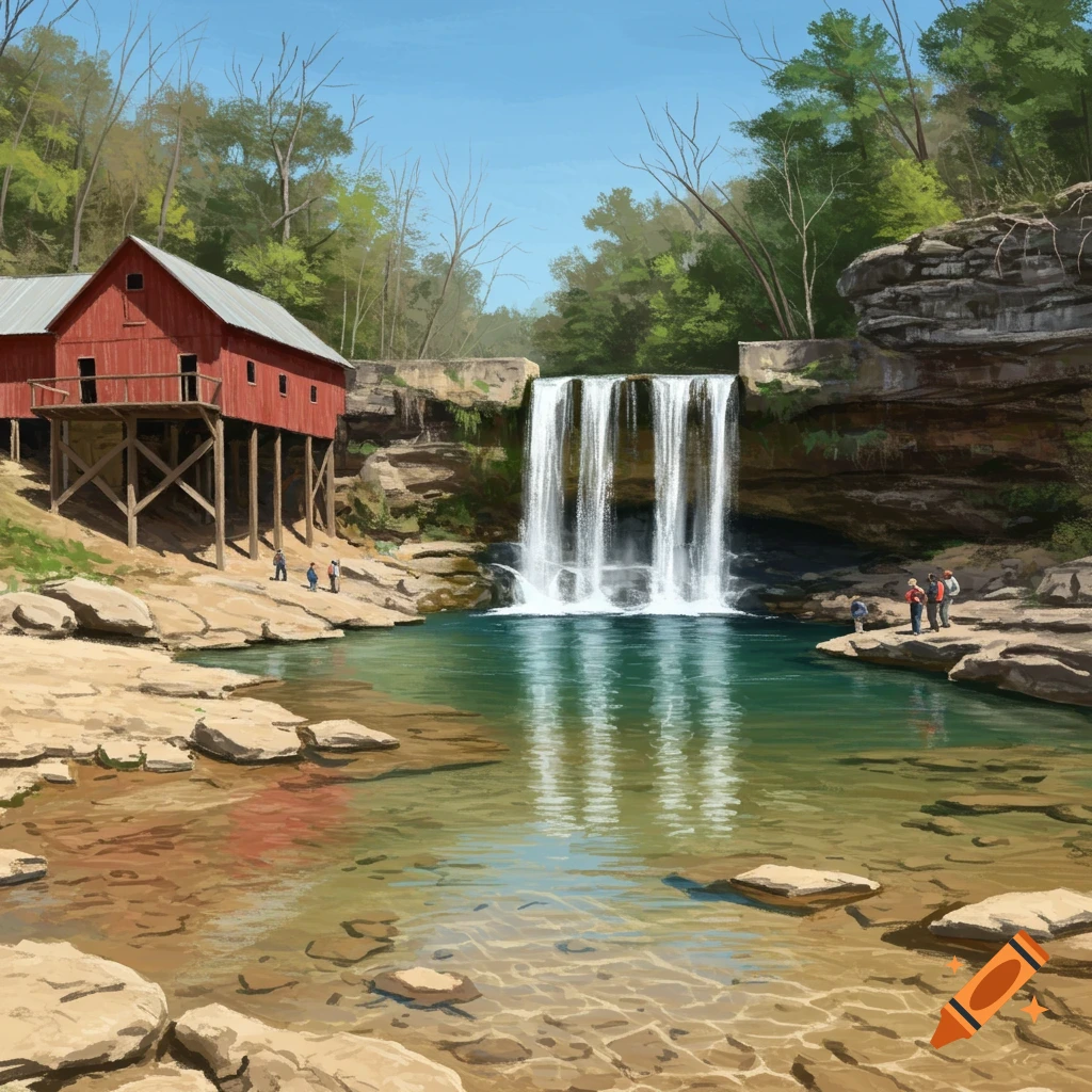 A red barn stands next to a waterfall and pool with people, in a painterly style.