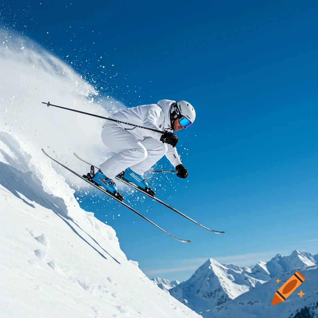 Skier in white and blue skiing down a snowy mountain slope