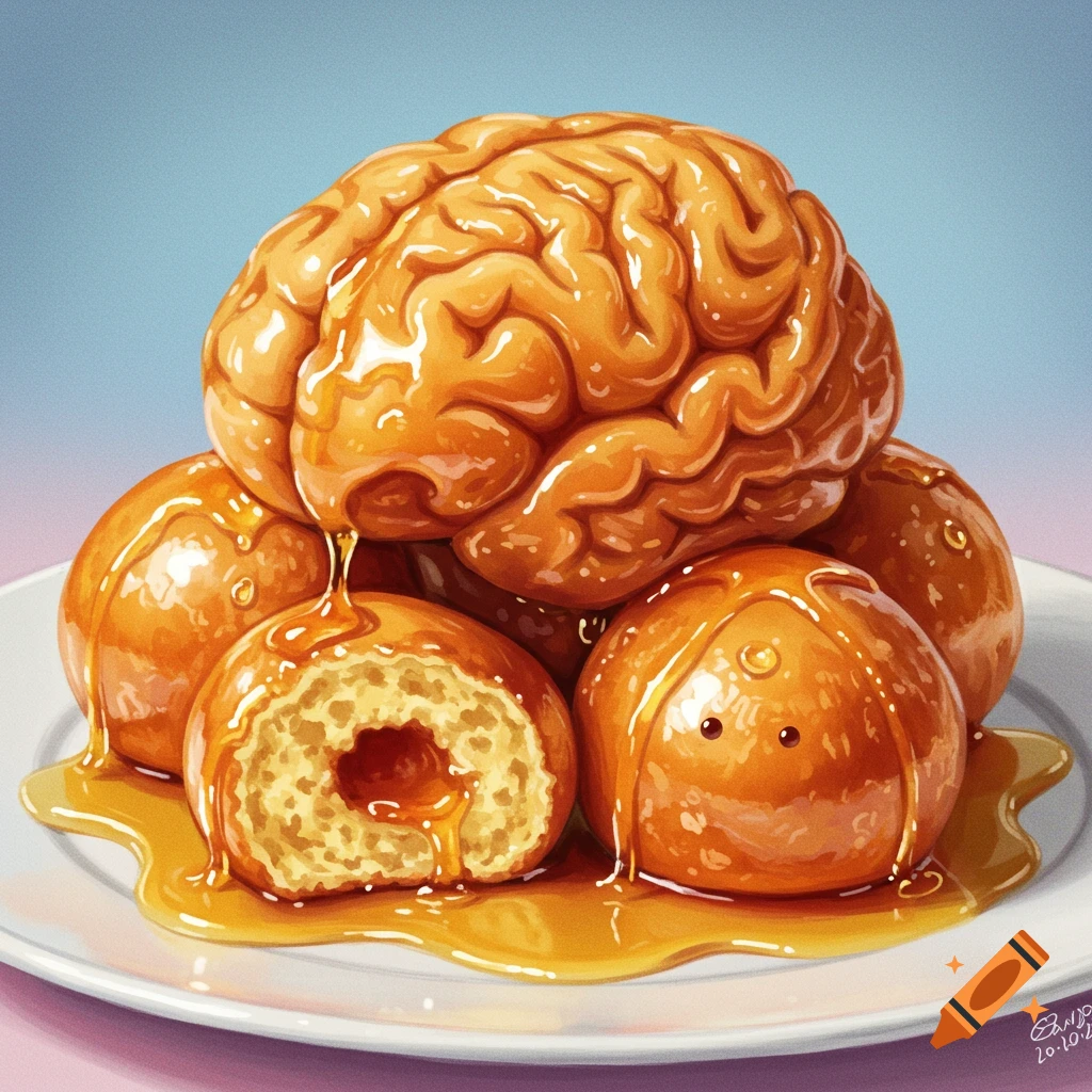Illustration of a golden honey-glazed brain on a pile of loukoumades on a white plate, with honey dripping.