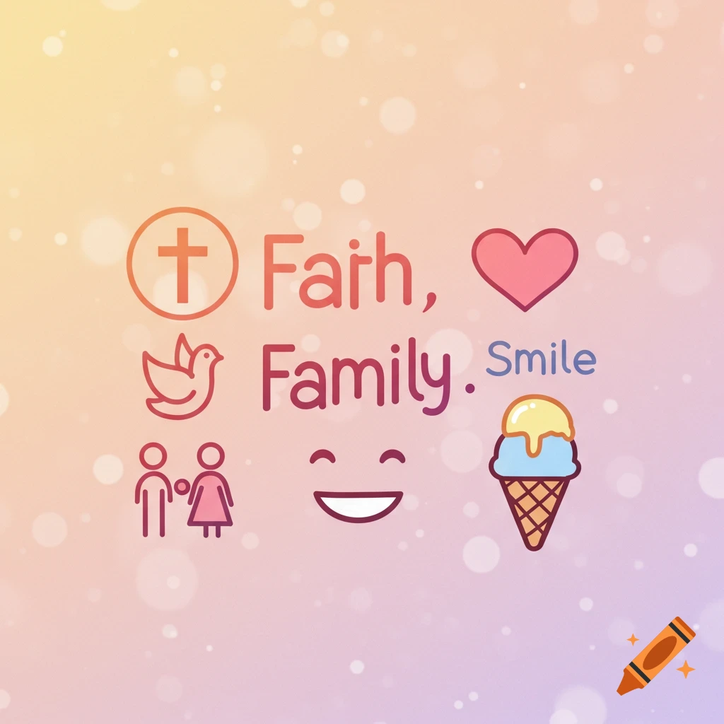 Graphic with icons and text 'Faith, Family. Smile' featuring a cross, dove, couple, smile, and ice cream.
