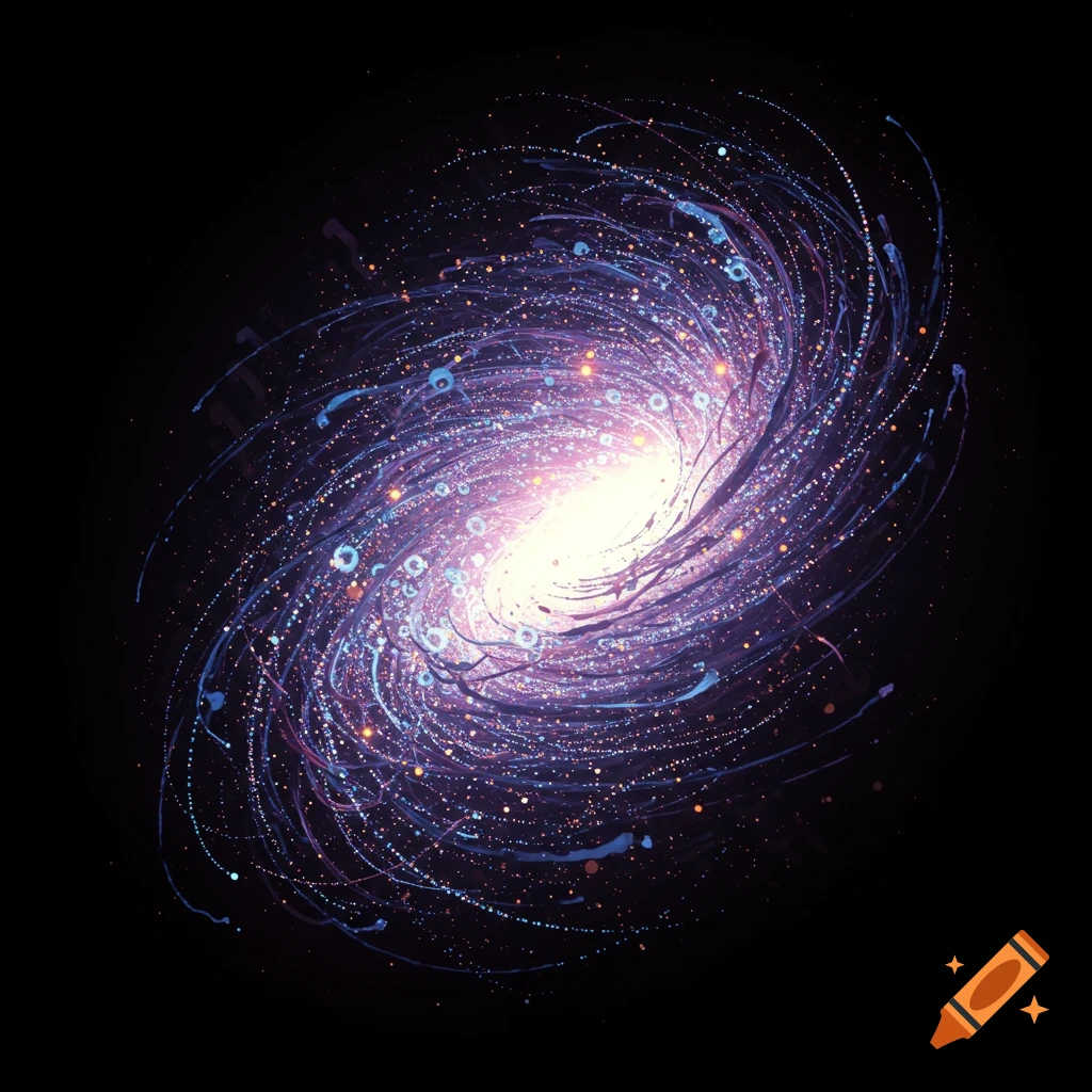 Abstract swirling galaxy in purple and blue against a black background.