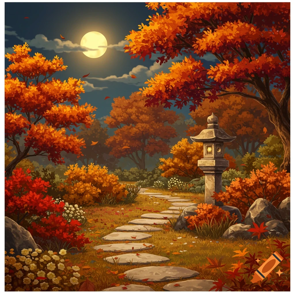 A stone path winds through an autumn Japanese garden under a full moon with orange and red foliage.