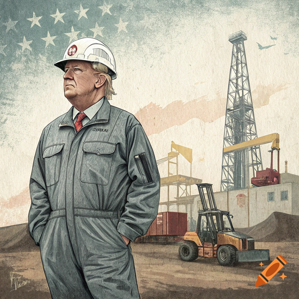 Illustration of Donald Trump in coveralls and a hard hat at an oilfield with a drilling rig and forklift.